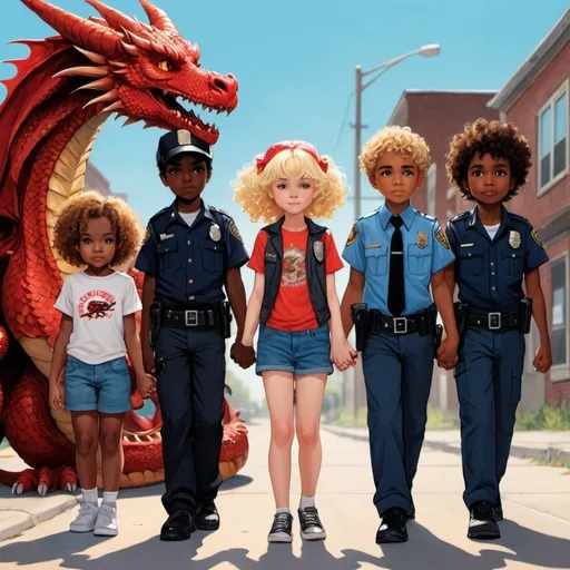 Prompt: blonde haired girl holding hands with boy holding gun a little black girl holding soda a cop and a red dragon with a curly haired boy with cap