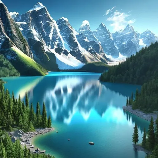Prompt: Beautiful mountain lake scene, realistic digital painting, snow-capped peaks, clear blue waters, lush greenery, serene atmosphere, high quality, realistic, natural lighting, peaceful, calming, scenic landscape