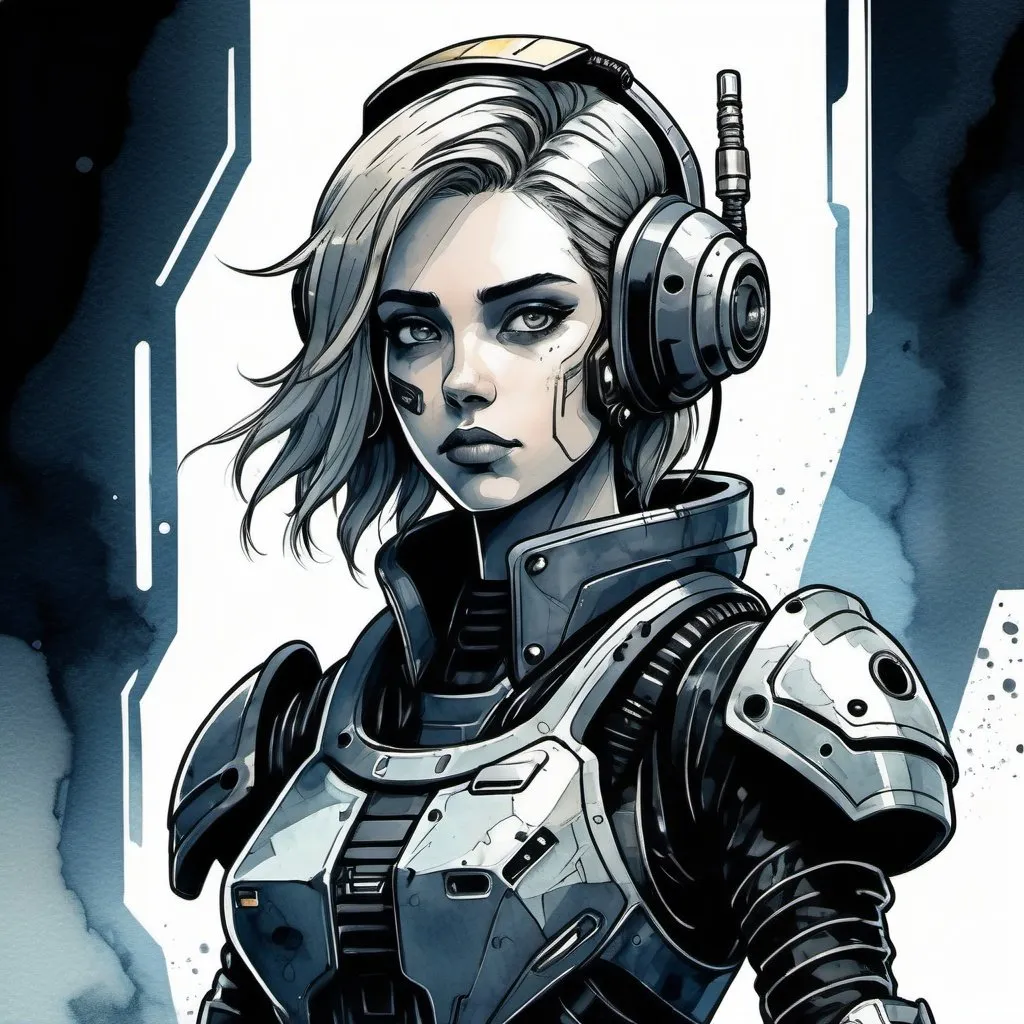 Prompt:  a beautiful young woman in power armor. drawn in ink line illustration with watercolor, in cyberpunk anime style. Dark, Grim, space opera tone. 