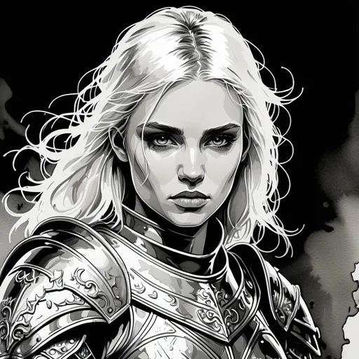 Prompt: black and white ink and water color line art painting, grimdark image for a Horror fantasy Role playing game with black background, of a Platinum blonde young beautiful woman with Nordic armor, of noble birth