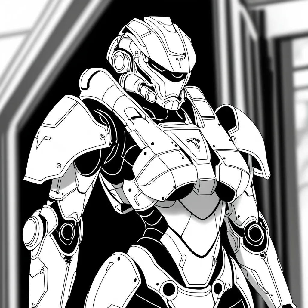 Prompt: black and white, ink, beautiful female Tesla power-armor