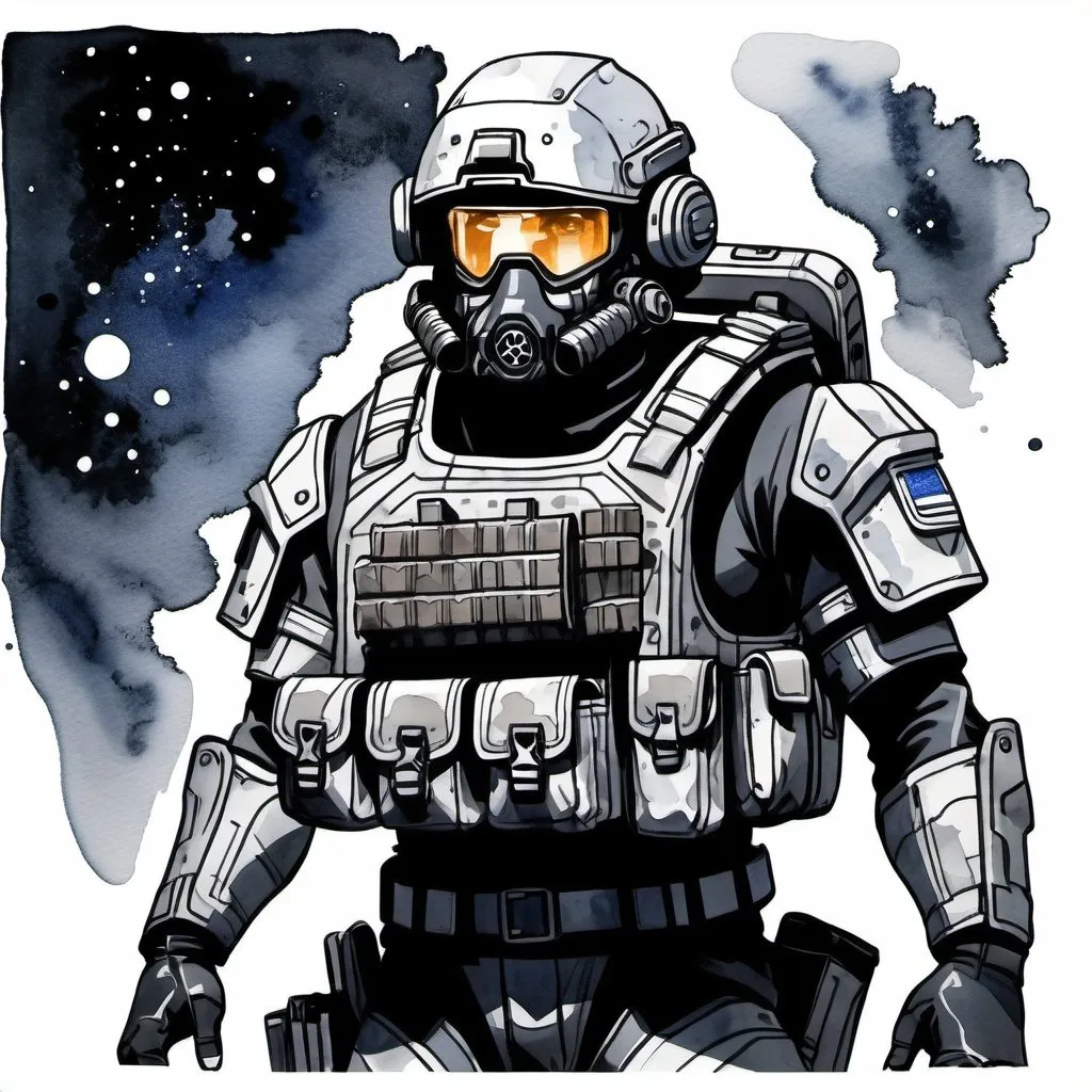 Prompt:  a bullet proof Plate carrier. drawn in ink line illustration with watercolor, in anime style. Dark, Grim, space opera tone. 
