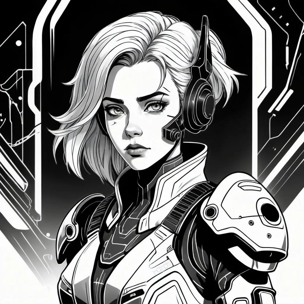 Prompt:  a beautiful young woman in power armor. drawn in black and white ink line illustration, in cyberpunk anime style. Dark, Grim, space opera tone. 