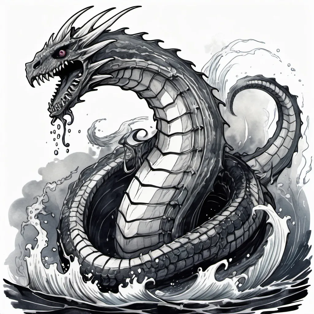 Prompt: black and white ink line art, with water color in grim dark anime style. full body dungeons and dragons monster, sea serpent
