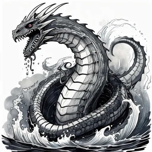 Prompt: black and white ink line art, with water color in grim dark anime style. full body dungeons and dragons monster, sea serpent
