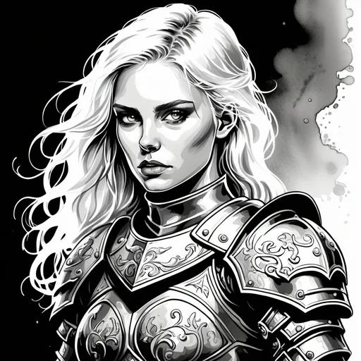 Prompt: black and white ink and water color line art, grimdark image for a Horror fantasy Role playing game with black background, of a Platinum blonde young beautiful woman with Nordic armor, of noble birth