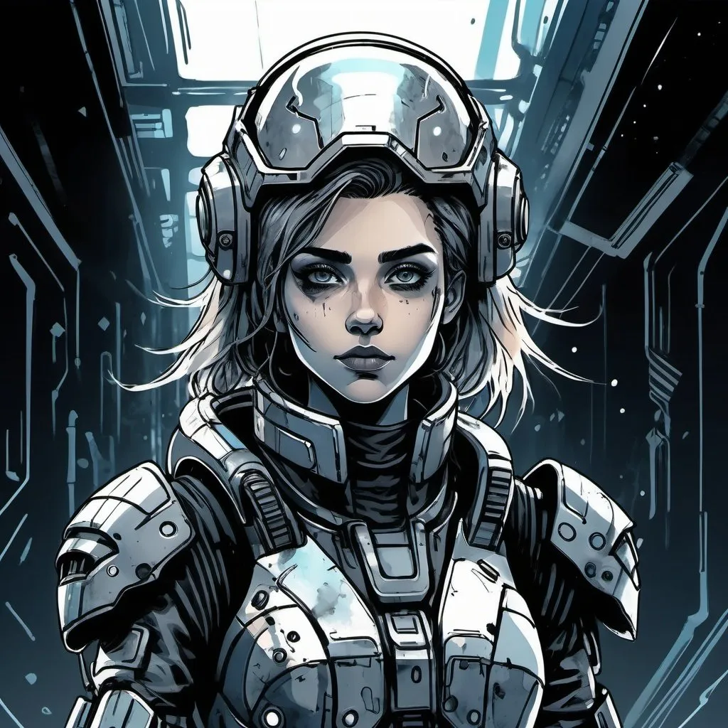 Prompt:  a beautiful young woman in power armor. drawn in ink line illustration with watercolor, in cyberpunk anime style. Dark, Grim, space opera tone. 
