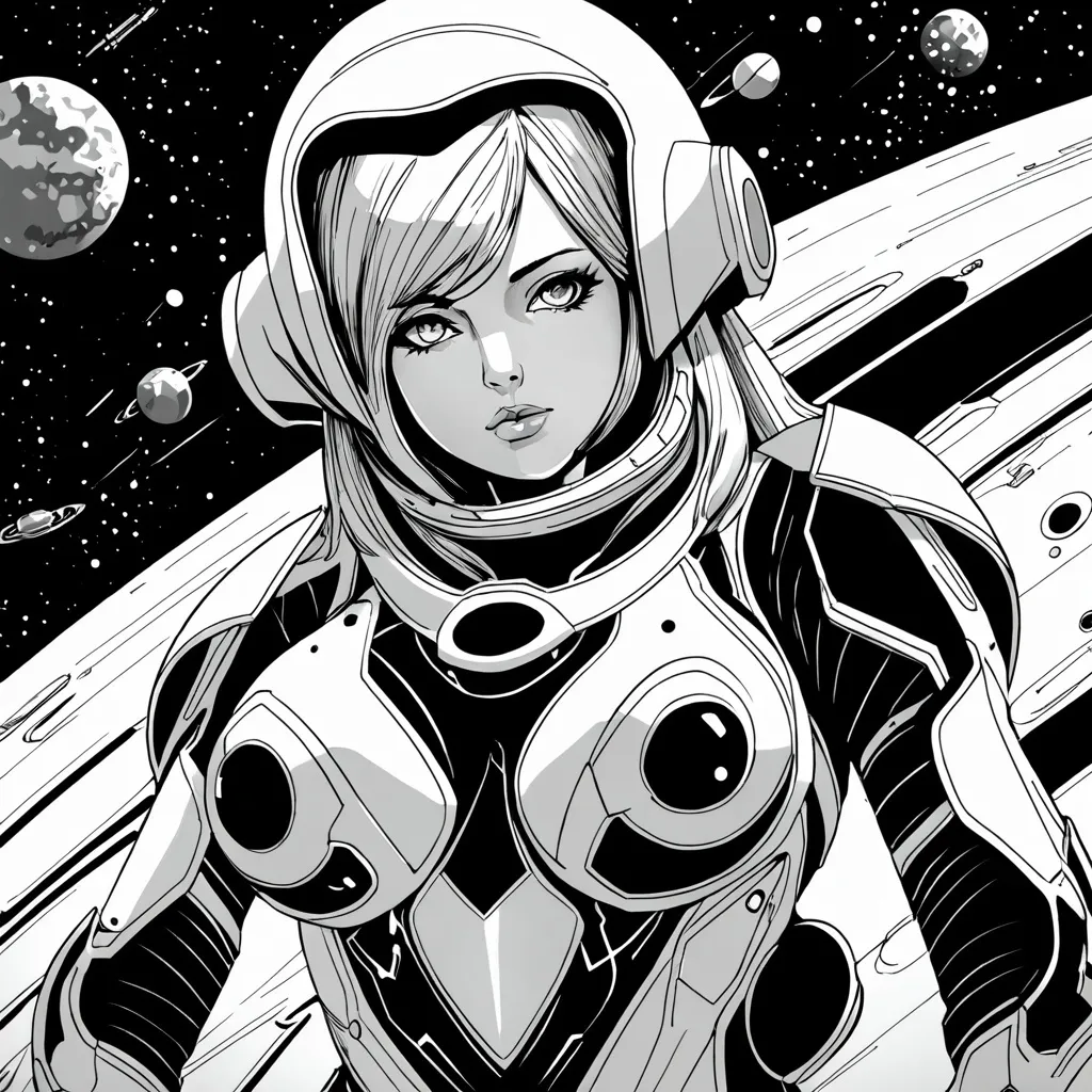 Prompt: black and white, ink, of a  beautiful female soldier in space age battle armor