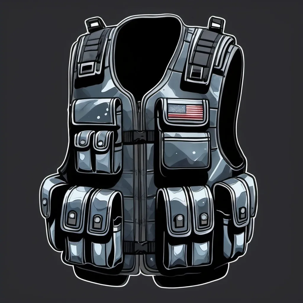 Prompt:  a bullet proof vest. drawn in ink line illustration with watercolor, in anime style. Dark, Grim, space opera tone. 