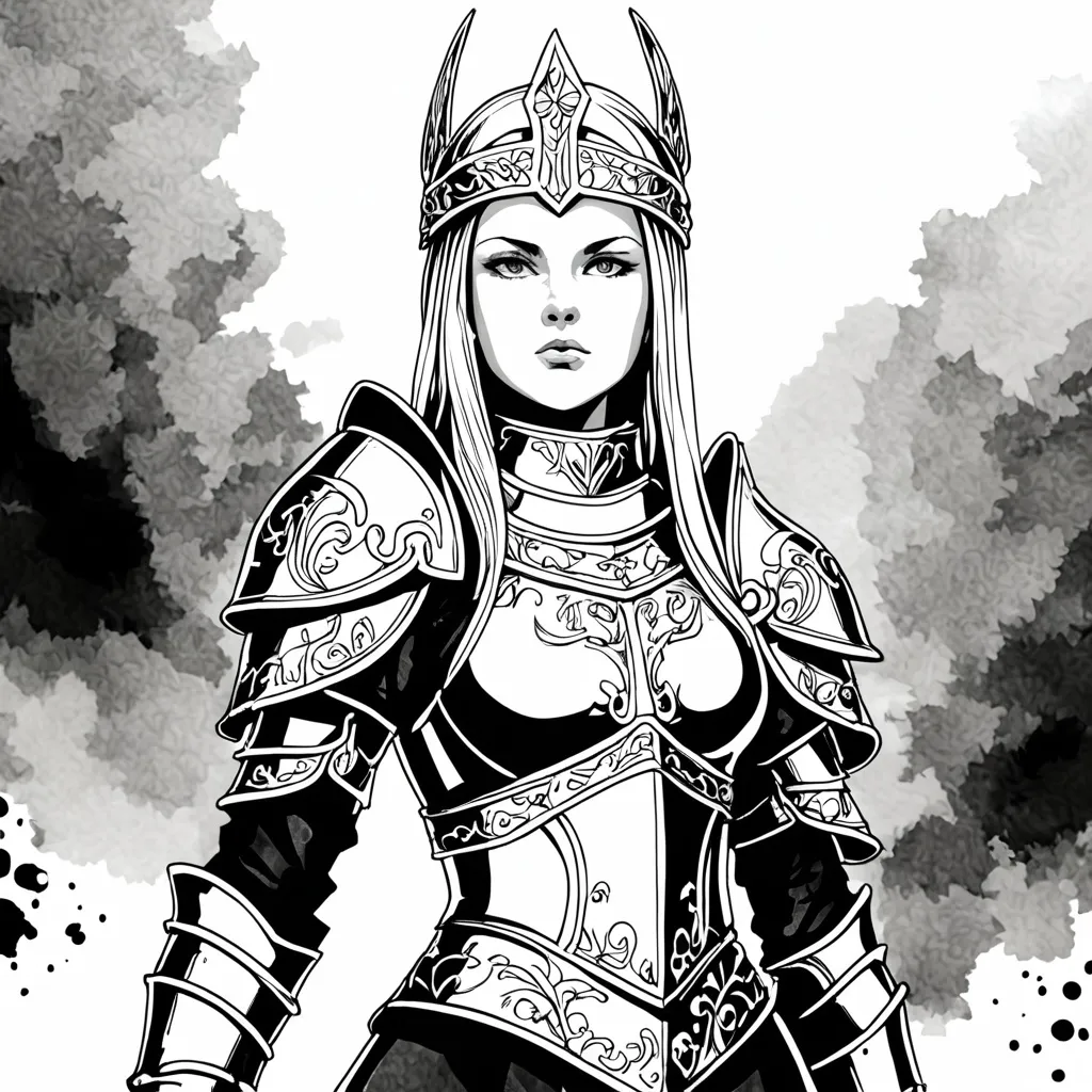 Prompt: black and white, ink, of a  beautiful female Nordic royalty, warrior, in full armor