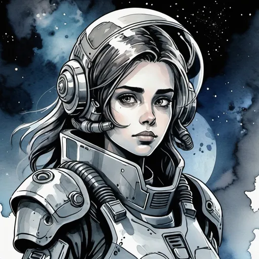 Prompt:  a beautiful young woman in power armor. drawn in ink line illustration with watercolor, in anime style. Dark, Grim, space opera tone. 