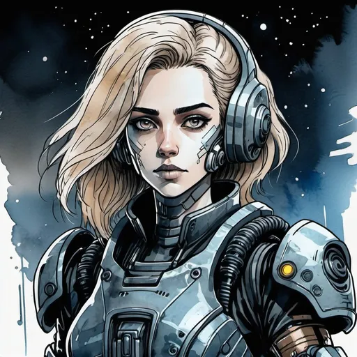 Prompt:  a beautiful young woman in power armor. drawn in ink line illustration with watercolor, in cyberpunk anime style. Dark, Grim, space opera tone. 