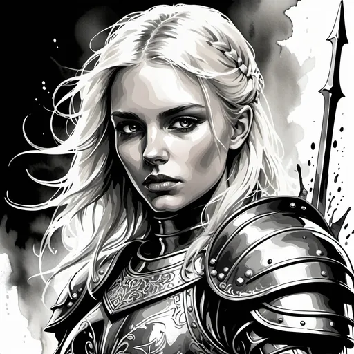Prompt: black and white ink and water color line art painting, grimdark image for a Horror fantasy Role playing game with black background, of a Platinum blonde young beautiful woman with Nordic armor, of noble birth