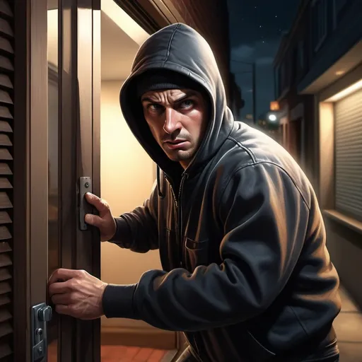 Prompt: Realistic illustration of a burglar attempting to break into a business with roll shutters at night, failed burglary attempt, high quality, realism, detailed environment, cool nighttime lighting, tense atmosphere, unsuccessful break-in, detailed realistic facial expression, urban setting, intense focus, detailed realistic clothing, professional, atmospheric lighting