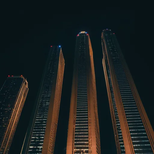 Prompt: Towering skyscrapers with lights flickering in the night.