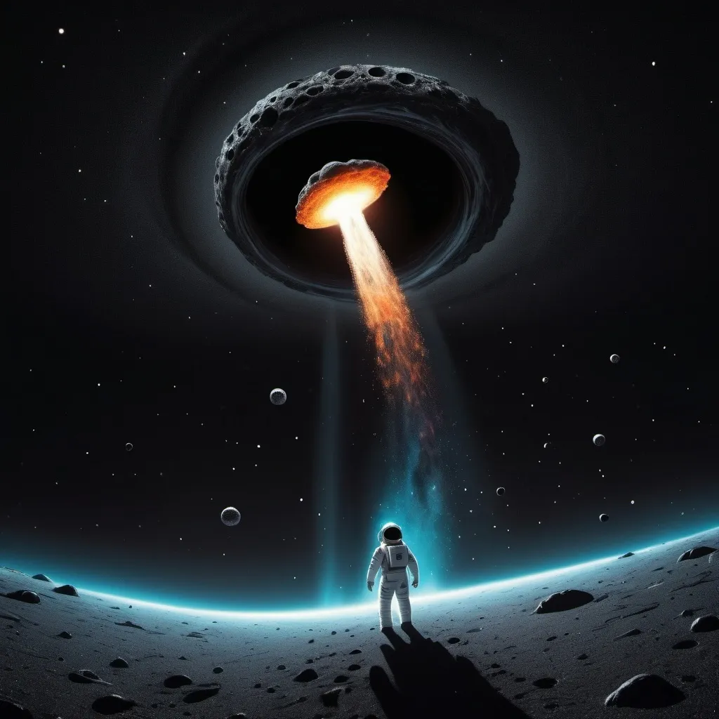 Prompt: a comet falling into a black hole with an astronaut on it but it is peaceful and has alien nature