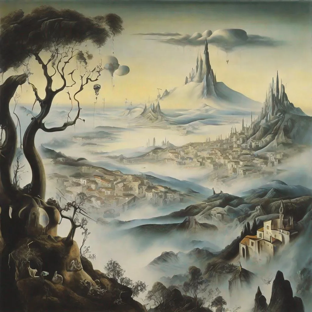 Prompt: Salvador Dalí style vision, surrealist, dreamlike, precise, melting, town nestled between mist-covered mountains and whispering forests