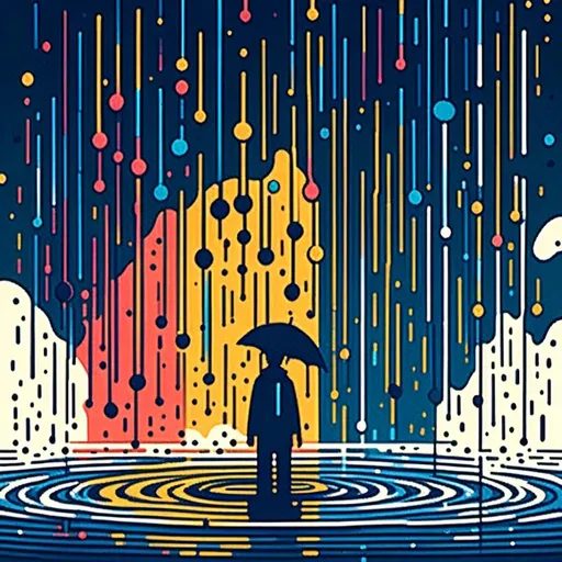 Prompt: <mymodel>Minimalist, anime illustration of colored rain hitting water, sleek design, artistic style, minimalist, vibrant, detailed water ripples, high res, cool tones, atmospheric lighting, person silhouette with bucket under rain, inverted