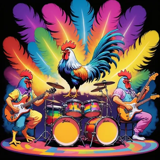 Prompt: Rooster band playing instruments on stage at a concert, with guitars and drums and microphones, surrounded by stage lights and smoke, happy, vibrant and colorful, 80s retro, cartoon style, artistic painting, Lisa Frank style, neon-colored drum set, rainbow feathers, detailed feathers, energetic pose, high quality, vibrant, retro, colorful, Lisa Frank style, neon, 80s, artistic painting, psychedelic, studio ghibli 