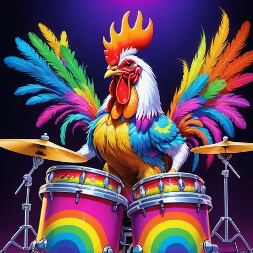 Prompt: Rooster playing drums on stage, vibrant and colorful, 80s retro, cartoon style, artistic painting, Lisa Frank style, neon-colored drum set, rainbow feathers, detailed feathers, energetic pose, high quality, vibrant, retro, colorful, Lisa Frank style, neon, 80s, artistic painting