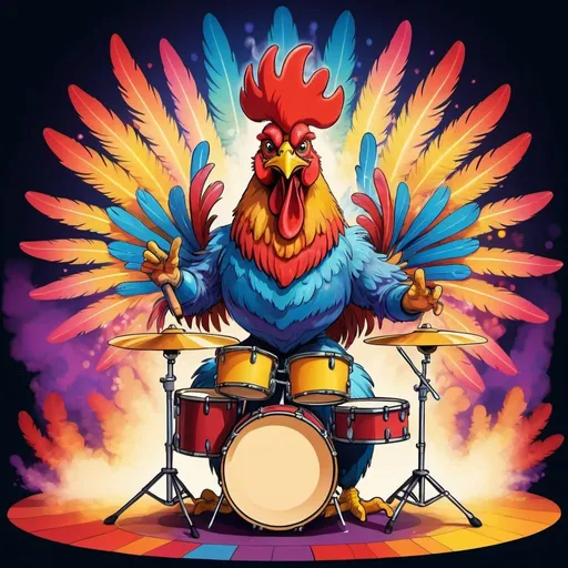 Prompt: Psychedelic illustration of an anthropomorphic rooster playing drums on a concert stage, vibrant and colorful, stage lights, smoke effects, happy mood, high quality, psychedelic, stage setting, musical instruments, lively atmosphere, mood lighting, studio ghibli, surreal, energetic, detailed feathers, whimsical design