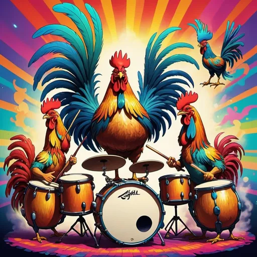 Prompt: Psychedelic illustration of a lively band of happy roosters playing drums, surreal Studio Ghibli setting, high-quality, smoke effects, happy mood, vibrant colors, detailed feathers, surreal, whimsical, concert stage, lively characters, professional art style, detailed instruments, smoke effects, best quality, vibrant, surreal setting, Studio Ghibli, anthropomorphic roosters, detailed feathers, musical performance, joyful atmosphere, atmospheric lighting, Lisa frank