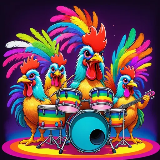 Prompt: Rooster band playing instruments on stage at a concert, happy, vibrant and colorful, 80s retro, cartoon style, artistic painting, Lisa Frank style, neon-colored drum set, rainbow feathers, detailed feathers, energetic pose, high quality, vibrant, retro, colorful, Lisa Frank style, neon, 80s, artistic painting, psychedelic, studio ghibli 