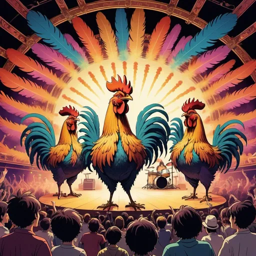 Prompt: Psychedelic illustration of a lively band of rooster-headed people on a concert stage, surreal studio ghibli setting, high-quality, smoke effects, happy mood, mood lighting, musical instruments, detailed feathers, whimsical design, energetic atmosphere, psychedelic, surreal, lively, stage setting, detailed feathers, studio ghibli, whimsical design, highres, energetic, mood lighting