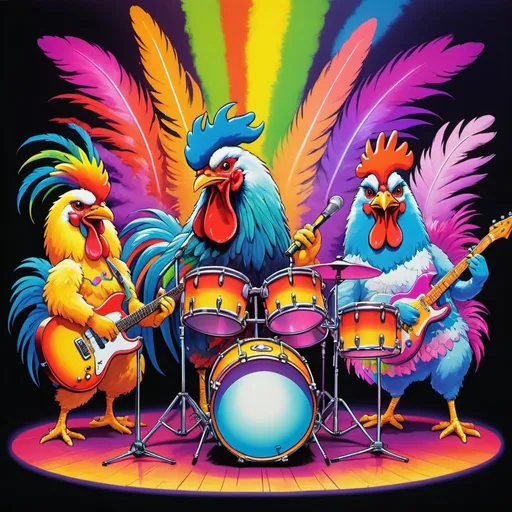 Prompt: Rooster band playing instruments on stage at a concert, with guitars and drums and microphones, surrounded by stage lights and smoke, happy, vibrant and colorful, 80s retro, cartoon style, artistic painting, Lisa Frank style, neon-colored drum set, rainbow feathers, detailed feathers, energetic pose, high quality, vibrant, retro, colorful, Lisa Frank style, neon, 80s, artistic painting, psychedelic, studio ghibli 