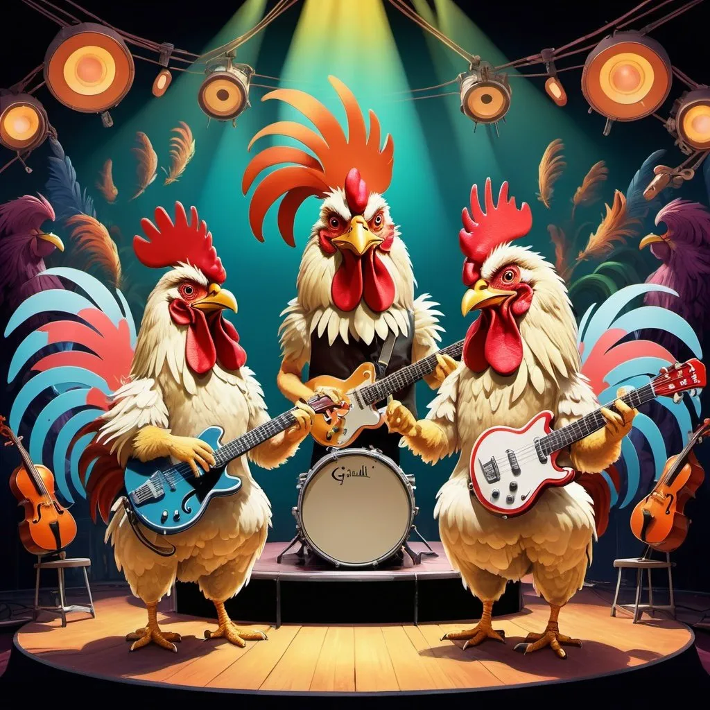 Prompt: Psychedelic illustration of a lively band of anthropomorphic roosters playing music on a concert stage, surreal studio ghibli setting, high-quality, smoke effects, happy mood, mood lighting, musical instruments, detailed feathers, whimsical design, energetic atmosphere, psychedelic, surreal, lively, stage setting, detailed feathers, studio ghibli, whimsical design, highres, energetic, mood lighting