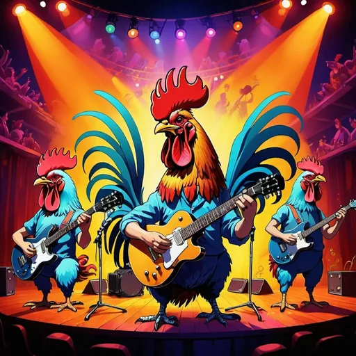 Prompt: Psychedelic illustration of a lively rooster band on a concert stage, vibrant and colorful, guitars, drums, microphones, stage lights, smoke effects, happy mood, high quality, psychedelic, vibrant colors, stage setting, musical instruments, lively atmosphere, surreal lighting, studio ghibli