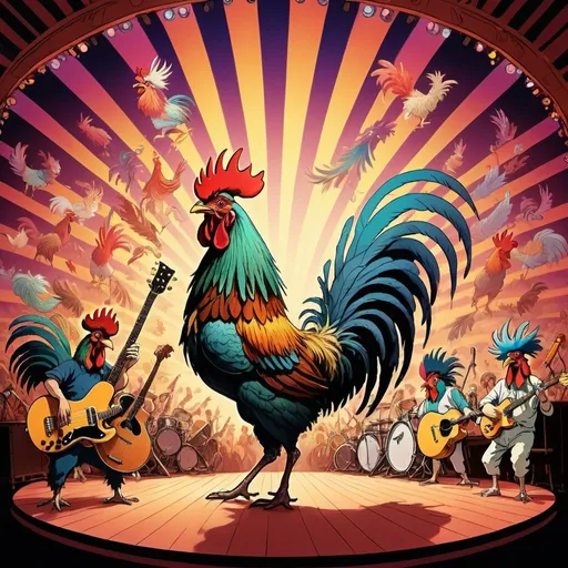 Prompt: Psychedelic illustration of a lively band of rooster-headed people on a concert stage, surreal studio ghibli setting, high-quality, smoke effects, happy mood, mood lighting, musical instruments, detailed feathers, whimsical design, energetic atmosphere, psychedelic, surreal, lively, stage setting, detailed feathers, studio ghibli, whimsical design, highres, energetic, mood lighting