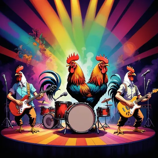 Prompt: Psychedelic illustration of a lively rooster band on a concert stage, vibrant and colorful, guitars, drums, microphones, stage lights, smoke effects, happy mood, high quality, psychedelic, vibrant colors, stage setting, musical instruments, lively atmosphere, surreal lighting, studio ghibli