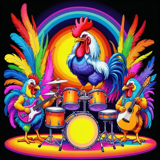 Prompt: Rooster band playing instruments on stage at a concert, happy, vibrant and colorful, 80s retro, cartoon style, artistic painting, Lisa Frank style, neon-colored drum set, rainbow feathers, detailed feathers, energetic pose, high quality, vibrant, retro, colorful, Lisa Frank style, neon, 80s, artistic painting, psychedelic, studio ghibli 