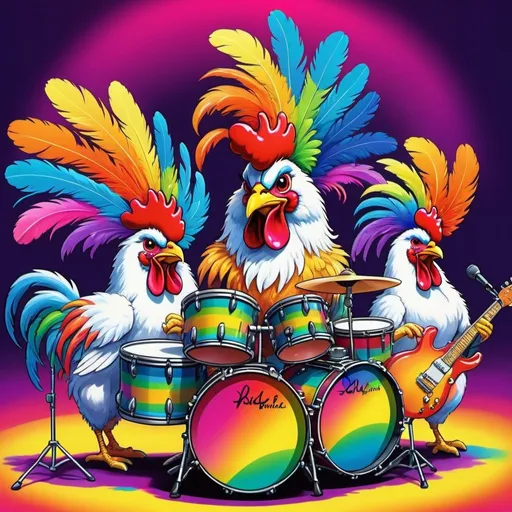 Prompt: Rooster band playing instruments on stage at a concert, happy, vibrant and colorful, 80s retro, cartoon style, artistic painting, Lisa Frank style, neon-colored drum set, rainbow feathers, detailed feathers, energetic pose, high quality, vibrant, retro, colorful, Lisa Frank style, neon, 80s, artistic painting, psychedelic, studio ghibli 