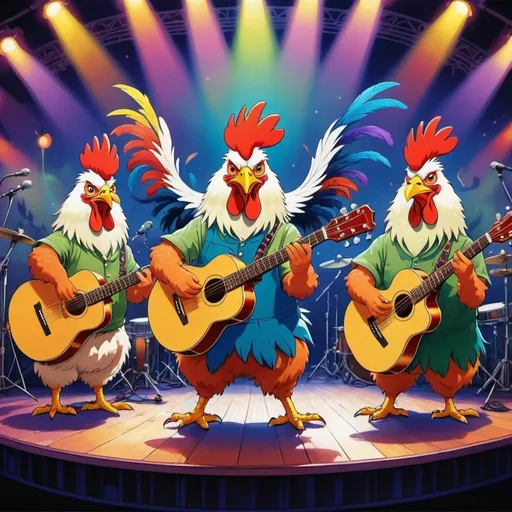 Prompt: Psychedelic illustration of a lively band of anthropomorphic roosters playing instruments on a concert stage, drums, guitars, microphones,  surreal Studio Ghibli setting, high-quality, smoke effects, happy mood, vibrant colors, detailed feathers, surreal, whimsical, concert stage, lively characters, professional art style, detailed instruments, smoke effects, best quality, vibrant, surreal setting, Studio Ghibli, anthropomorphic roosters, detailed feathers, musical performance, joyful atmosphere, atmospheric lighting, Lisa frank