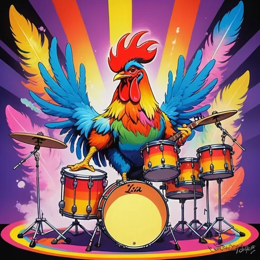 Prompt: Rooster band playing instruments on stage at a concert, with guitars and drums and microphones, surrounded by stage lights and smoke, happy, vibrant and colorful, 80s retro, cartoon style, artistic painting, Lisa Frank style, neon-colored drum set, rainbow feathers, detailed feathers, energetic pose, high quality, vibrant, retro, colorful, Lisa Frank style, neon, 80s, artistic painting, psychedelic, studio ghibli 