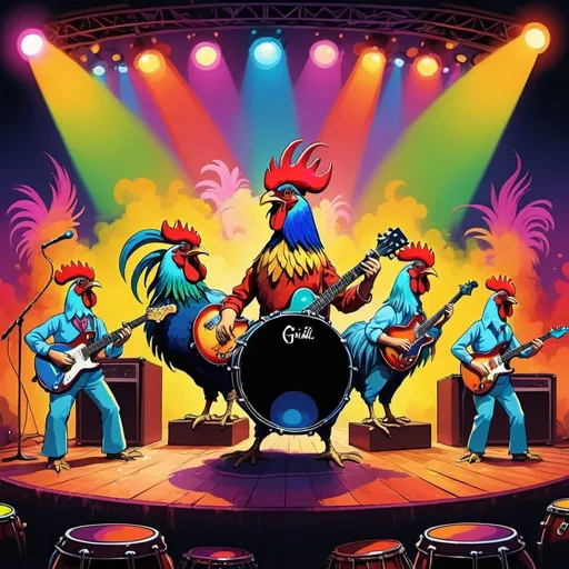 Prompt: Psychedelic illustration of a lively rooster band on a concert stage, vibrant and colorful, guitars, drums, microphones, stage lights, smoke effects, happy mood, high quality, psychedelic, vibrant colors, stage setting, musical instruments, lively atmosphere, surreal lighting, studio ghibli
