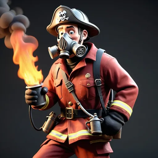 Prompt: Disney pixar character, 3d render style, old pirate evil laugh, cinematic colors. Create an image of a heroic fireman in action, wearing full firefighting gear including a helmet, jacket, and boots. The fireman should be holding a hose, with flames and smoke in the background, showcasing a scene of bravery and determination. Cover the fireman’s face with the gas mask. The overall style should be bold and dynamic, with vivid colors and strong lines to make the design stand out on a T-shirt.