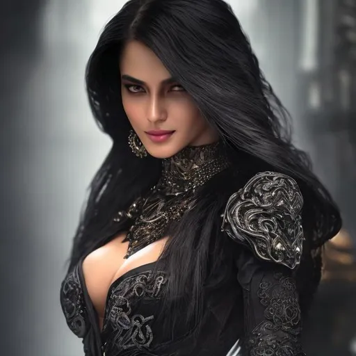 Prompt: Dark sorceress, silk attire, piercing eyes, witch, animal companion, mysterious, mysterious smile, high quality, ultra-detailed armor, dark tones, atmospheric lighting, intricate details, silk fabric, intense gaze, mysterious aura, enigmatic smile, photorealistic style, full body, legs, 