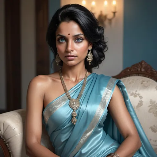 Prompt: Photorealistic image of an athletic woman, black hair, dark complexion, light blue eyes, Indian descent, about 33 years old, silk brocaded saree, beautiful, high quality, photorealism, fit, mysterious gaze, detailed features, detailed clothing, elaborate clothing, silver jewelry, atmospheric lighting, glamour shot, glamorous, detailed hair, chaise lounge