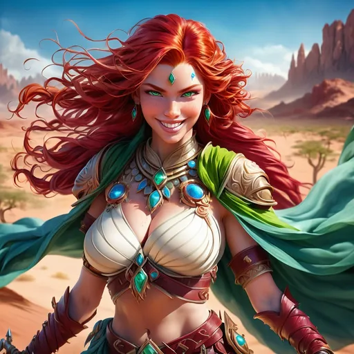 Prompt: Red-haired female warrior greeting two husbands, fantasy illustration, desert setting, intricate armor details, flowing red hair, piercing blue eyes, enchanting smile, romantic fantasy, highres, ultra-detailed, fantasy, polyandry, warrior, desert, intricate clothing, flowing hair, green eyes, romantic, husbands, enchanting smile, whip, vibrant colors, dramatic lighting