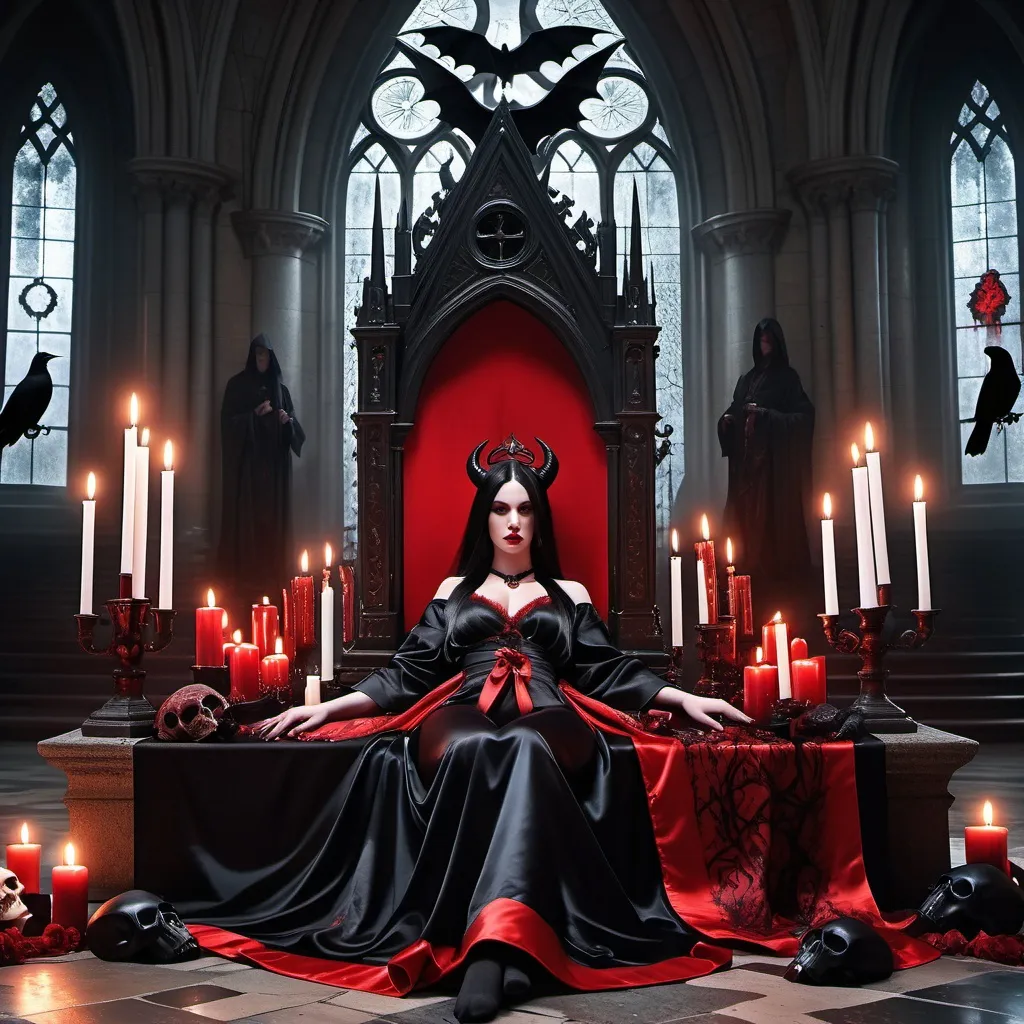 Prompt: A stone altar with a beautiful demonic woman lying down, black & red silk robe, intricate attire, set in a Demonic cathedral, gothic atmosphere, blood, black & red jewelry, candles, skulls, Satanic, hellish lighting, knife, ravens, frightening, horror chic, supine pose