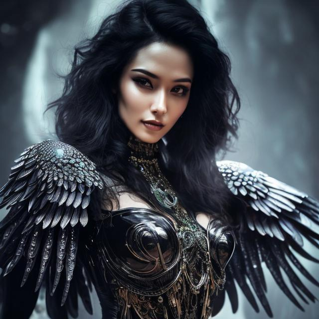 Prompt: Dark sorceress, silk attire, piercing eyes, wings, witch, animal companion, mysterious, mysterious smile, high quality, ultra-detailed, futuristic-sci-fi, dark tones, atmospheric lighting, intricate details, ethereal wings, silk fabric, intense gaze, mysterious aura, enigmatic smile, futuristic style, full body, legs, dress