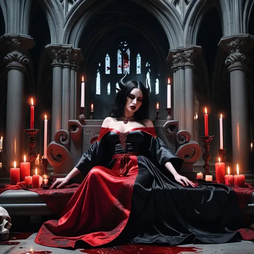 Prompt: A stone altar with a beautiful demonic woman lying down, black & red silk robe, intricate attire, set in a Demonic cathedral, gothic atmosphere, blood, black & red jewelry, candles, skulls, Satanic, hellish lighting, knife, ravens, frightening, horror chic, supine pose