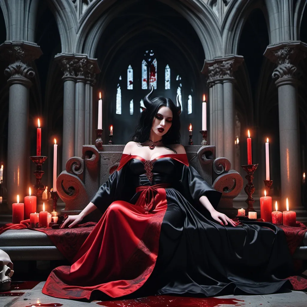 Prompt: A stone altar with a beautiful demonic woman lying down, black & red silk robe, intricate attire, set in a Demonic cathedral, gothic atmosphere, blood, black & red jewelry, candles, skulls, Satanic, hellish lighting, knife, ravens, frightening, horror chic, supine pose
