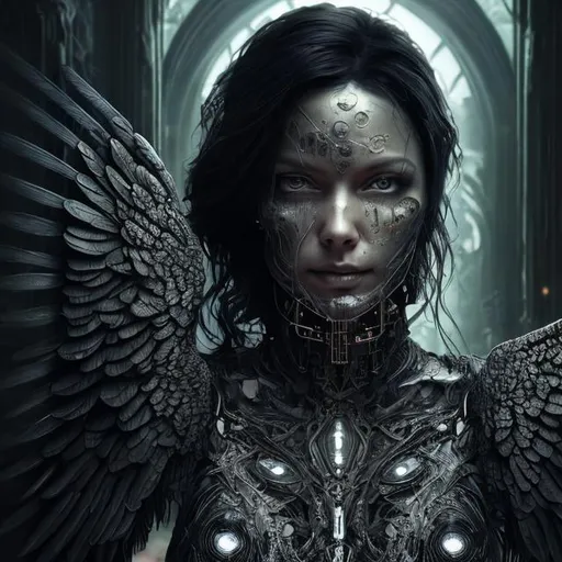 Prompt: Dark sorceress, silk attire, piercing eyes, wings, witch, animal companion, mysterious, mysterious smile, high quality, ultra-detailed, futuristic-sci-fi, dark tones, atmospheric lighting, intricate details, ethereal wings, silk fabric, intense gaze, mysterious aura, enigmatic smile, futuristic style