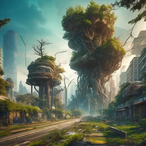 Prompt: Colossal tree reclaiming crumbling city, farms on roads and parks, futuristic-retro futurism, overgrown vegetation, weathered buildings, vibrant greenery, detailed roots and branches, abandoned cityscape, high quality, atmospheric lighting, nature taking over, overgrown landscape, post-apocalyptic, urban decay, lush foliage, large-scale tree, reclaimed by nature, organic growth, vibrant and lush, detailed textures, overgrown infrastructure