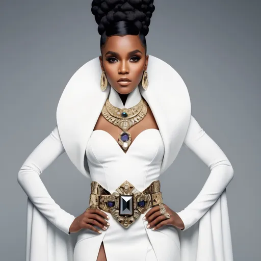 Prompt: Tall Queen in regal white attire, draped fabrics, accompanied by a majestic leopard, luxurious gemstone jewelry, ornate belt, African-inspired, high quality, futuristic-futuristic, intricate details, Janelle Monae inspired, gemstones, happy, African influence, benevolent, majestic leopard, draped fabrics, high fashion, luxurious, white attire, elegant, royal, futuristic-futuristic, detailed jewelry, ornate belt, futuristic style