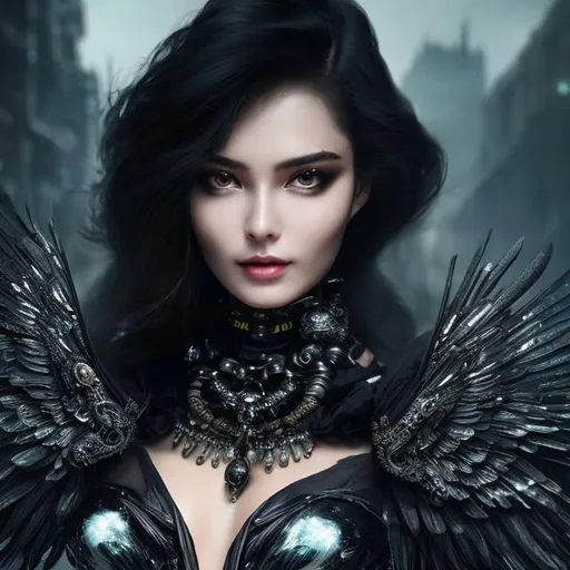 Prompt: Dark sorceress, silk attire, piercing eyes, wings, witch, animal companion, mysterious, mysterious smile, high quality, ultra-detailed, futuristic-sci-fi, dark tones, atmospheric lighting, intricate details, ethereal wings, silk fabric, intense gaze, mysterious aura, enigmatic smile, futuristic style, full length